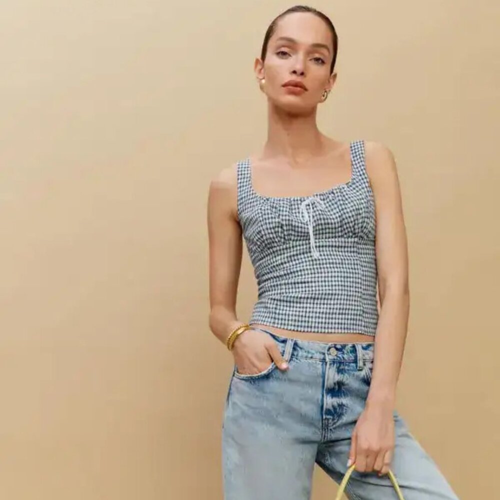 Reformation Balia Linen Top in Slate Check Size 4